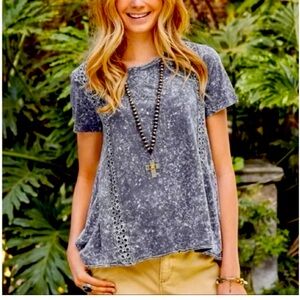 Sundance Stone Acid Wash Oversized Eyelet Short Sleeve Asymmetric Tee small